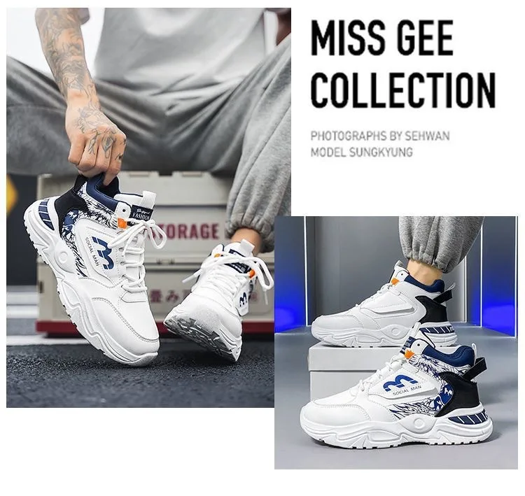 Men's Spring Breathable High Top White Sports Shoes Trendy All-Match Thick Sole Leisure Dad Sneakers