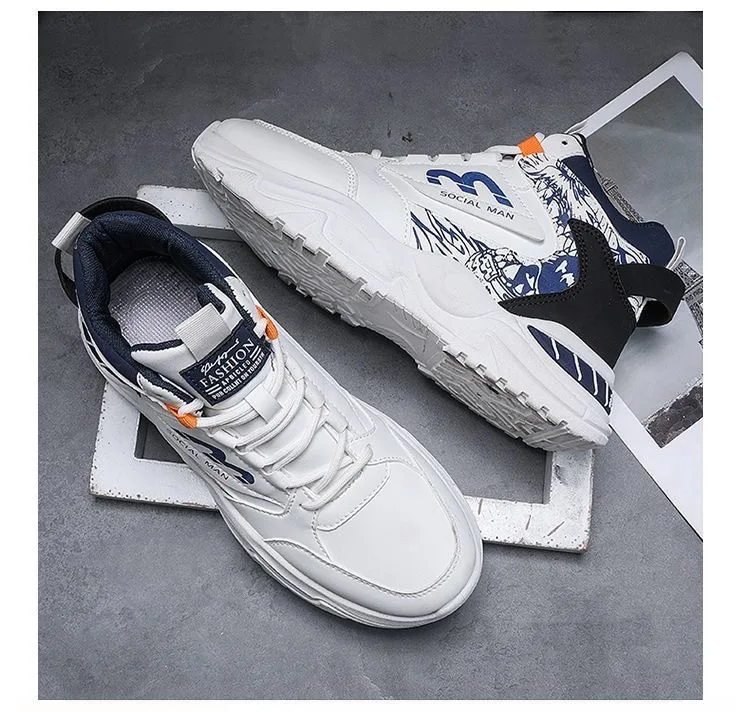Men's Spring Breathable High Top White Sports Shoes Trendy All-Match Thick Sole Leisure Dad Sneakers