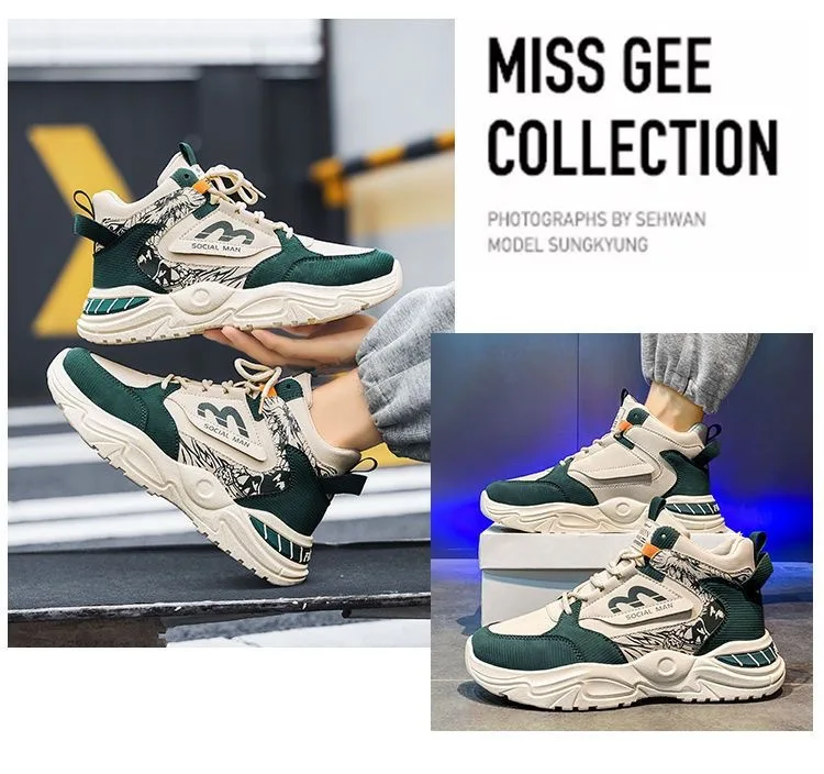 Men's Spring Breathable High Top White Sports Shoes Trendy All-Match Thick Sole Leisure Dad Sneakers