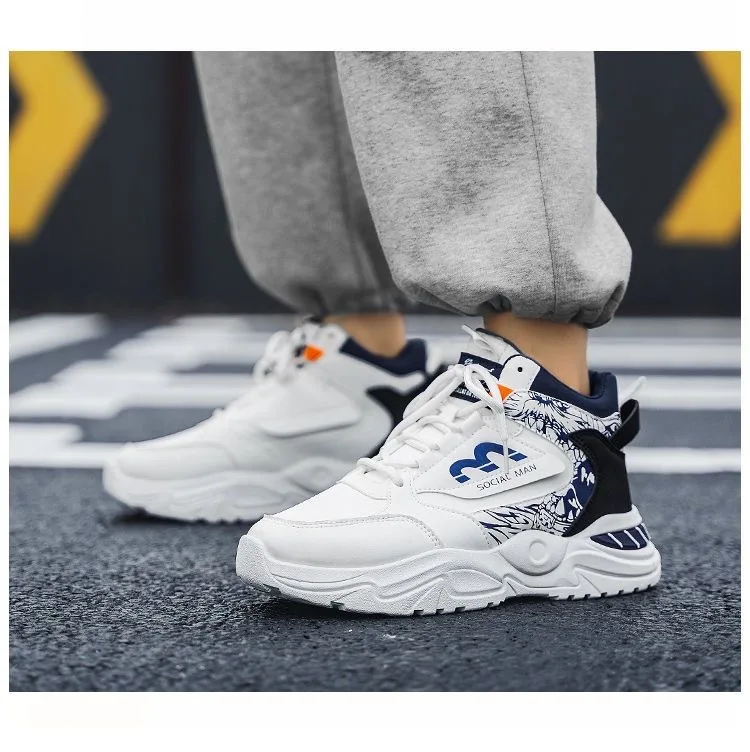 Men's Spring Breathable High Top White Sports Shoes Trendy All-Match Thick Sole Leisure Dad Sneakers