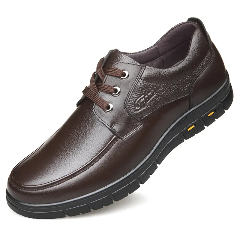 Autumn Men's Leather Shoes True Cowhide Flat Bottom Anti-Slip Plus Size Casual Elderly Father Shoes Rubber Sole China Made