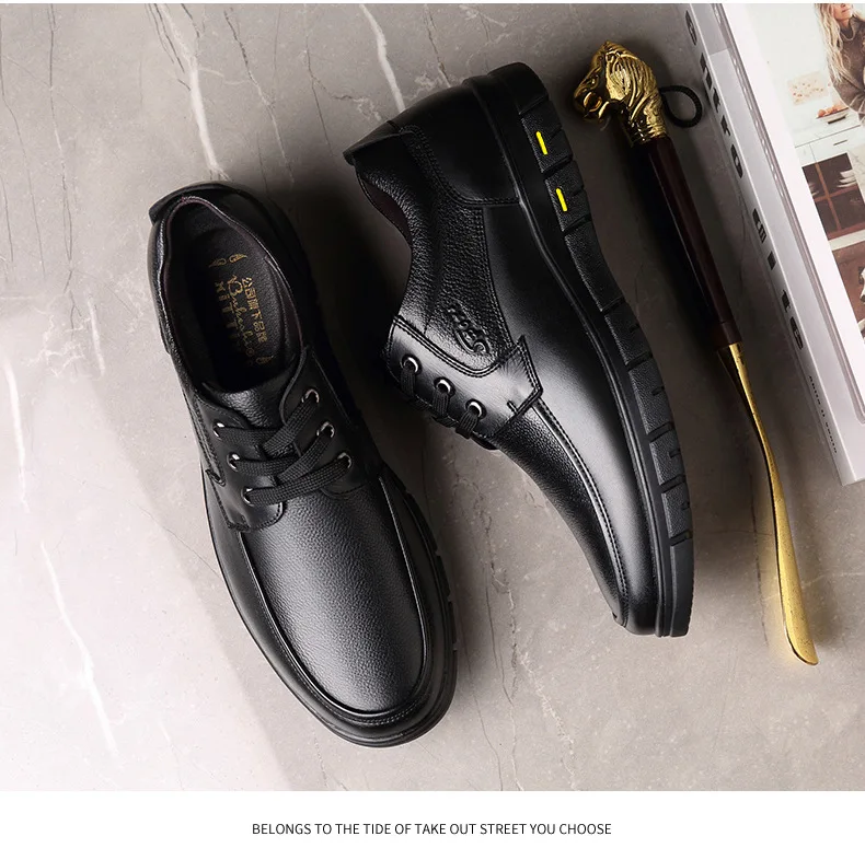 Autumn Men's Leather Shoes True Cowhide Flat Bottom Anti-Slip Plus Size Casual Elderly Father Shoes Rubber Sole China Made