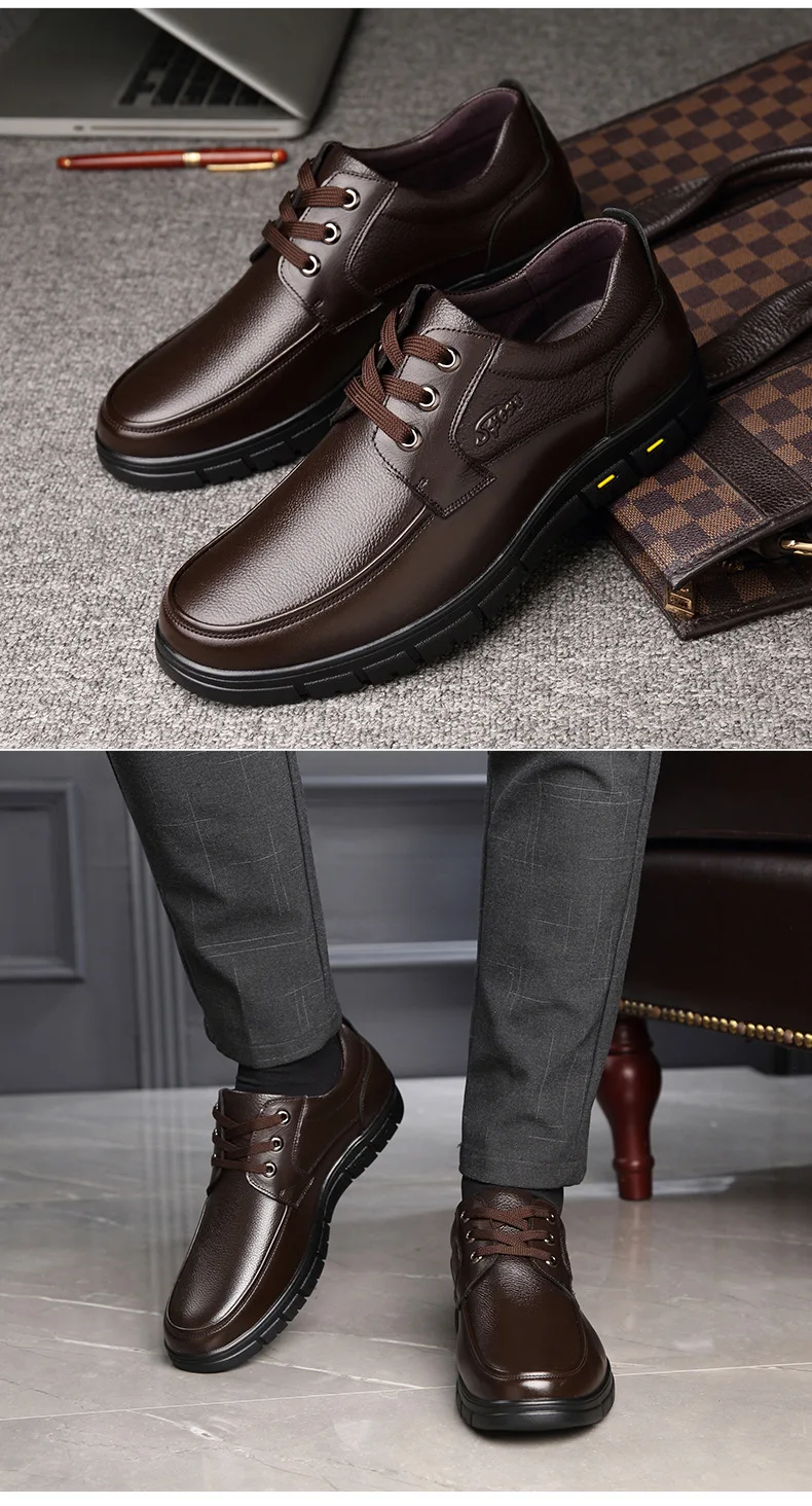 Autumn Men's Leather Shoes True Cowhide Flat Bottom Anti-Slip Plus Size Casual Elderly Father Shoes Rubber Sole China Made