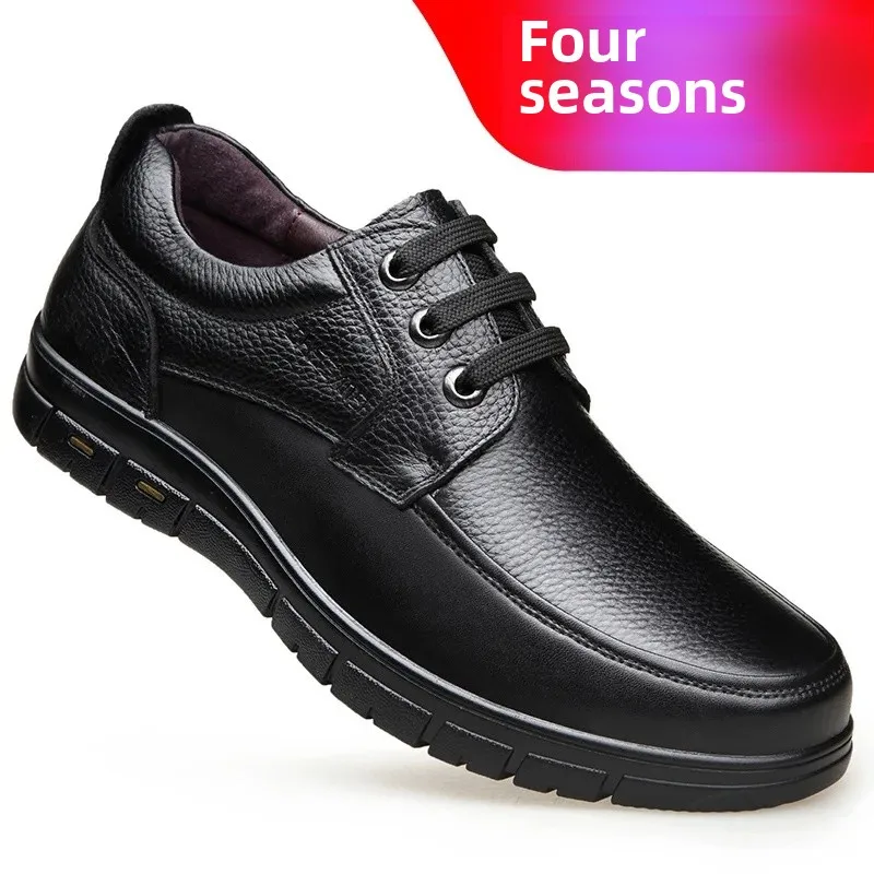 Autumn Men's Leather Shoes True Cowhide Flat Bottom Anti-Slip Plus Size Casual Elderly Father Shoes Rubber Sole China Made