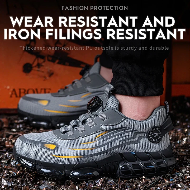 Breathable Men Boots Rotating Buttons Safety Shoes Men Puncture-Proof Work Boots Steel Toe Shoes Light Indestructible Shoes