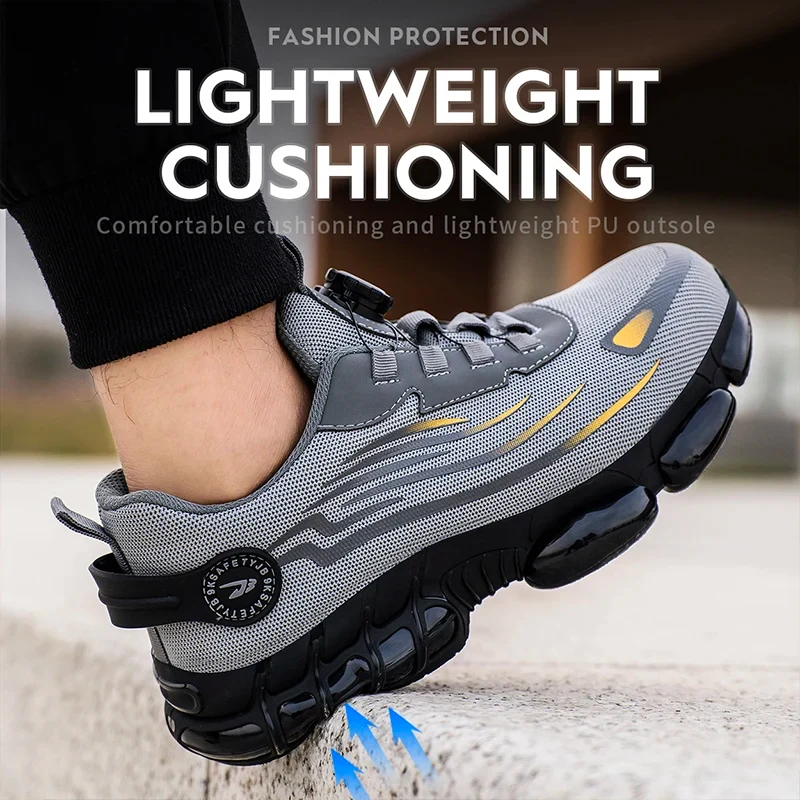 Breathable Men Boots Rotating Buttons Safety Shoes Men Puncture-Proof Work Boots Steel Toe Shoes Light Indestructible Shoes