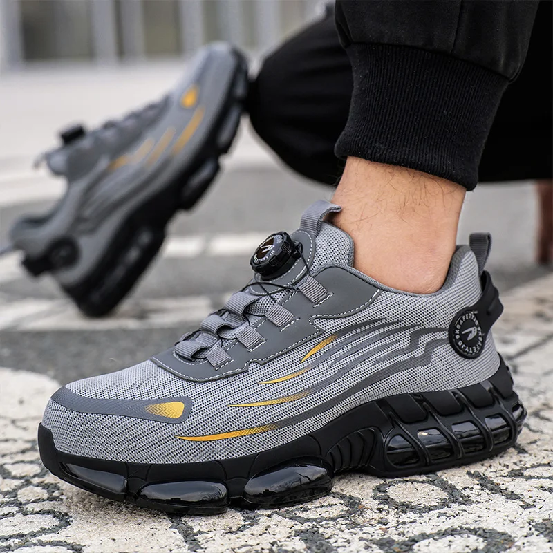 Breathable Men Boots Rotating Buttons Safety Shoes Men Puncture-Proof Work Boots Steel Toe Shoes Light Indestructible Shoes