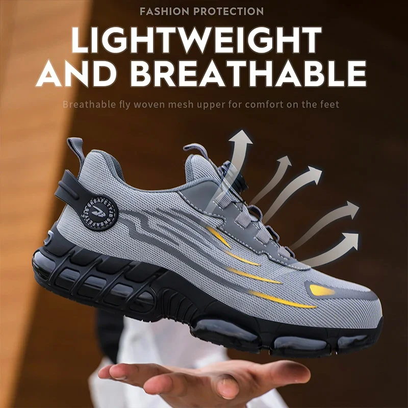 Breathable Men Boots Rotating Buttons Safety Shoes Men Puncture-Proof Work Boots Steel Toe Shoes Light Indestructible Shoes