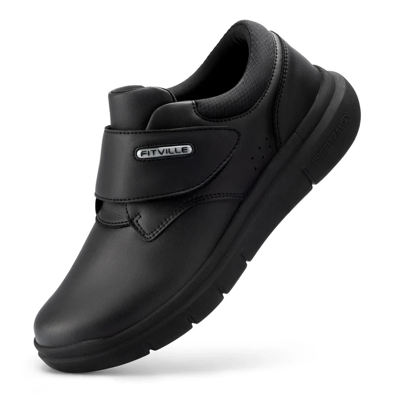 FitVille Extra Wide Men's Shoes Leather Diabetic Shoes Walking for Elder Orthopedic Toes Swollen Feet Non-Slip Arch Support