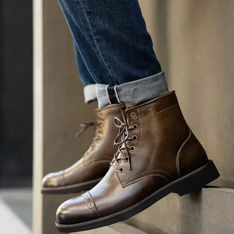 Men Boots 2025 American style Comfortable Fashion Leather Boots Lace up men's short boots motorcycle boots