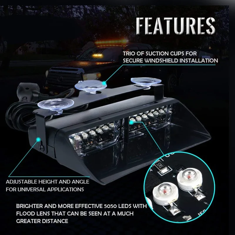 16W Car Windshield LED Strobe Light 12V Waterproof Police Lights Warning Light Flash Dash Emergency Signal Lamps