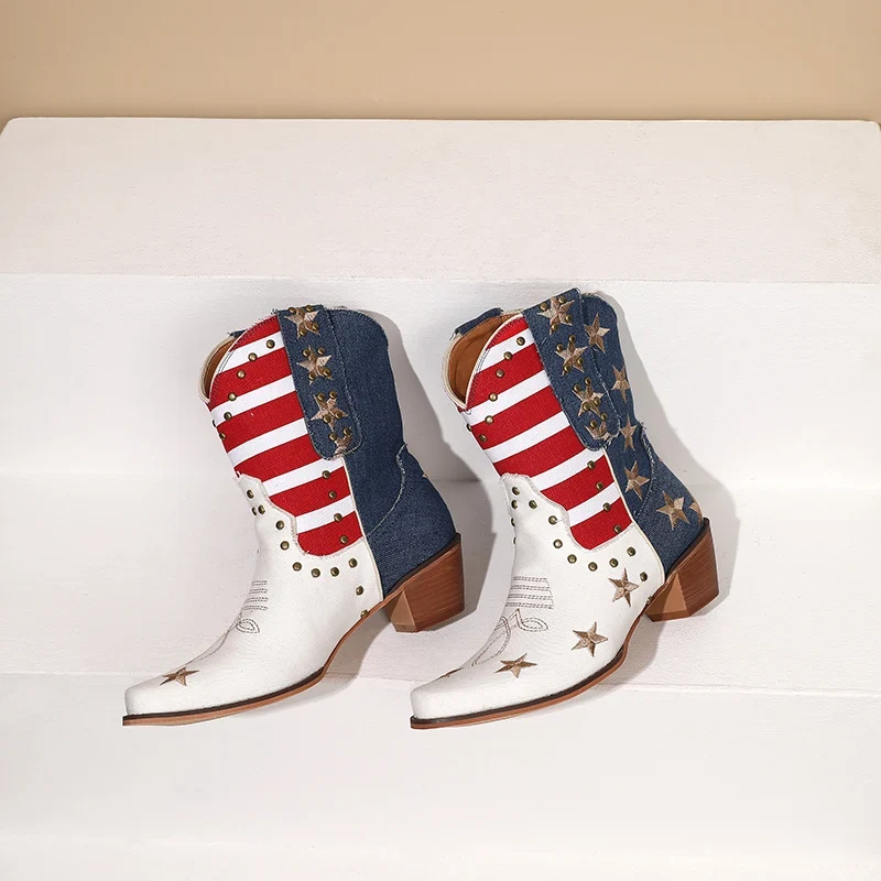 Women's Cowboy Western Boots USA Flag Ankle Booties Denim Studded Rivets Embroidery Stars Stripes Heeled Shoes 2024 New Footwear