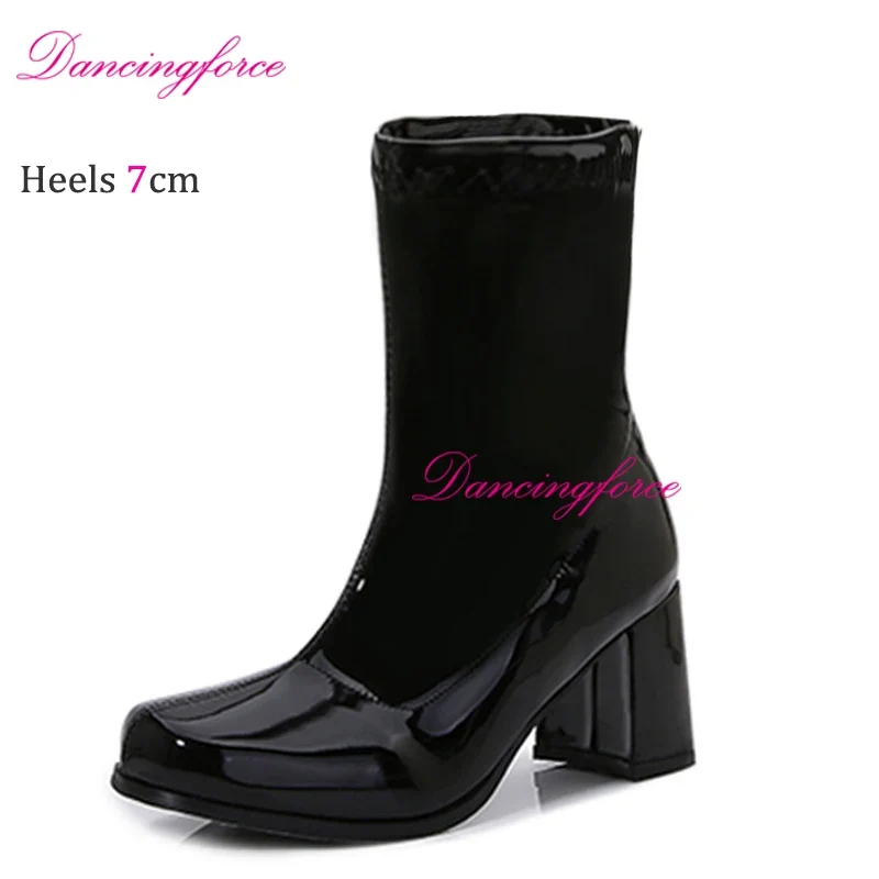 Sexy Gogo Boots 60s 70s Square Heel Ankle Classic Round Toe Boots Shiny Golden Zip Boots Unisex Party Dress Dance Shoes Woman