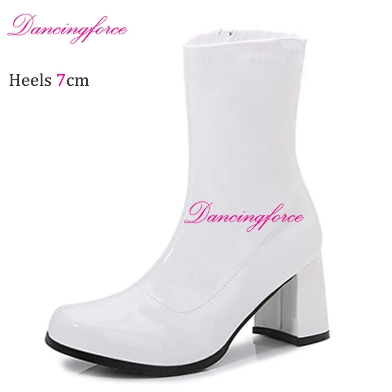 Sexy Gogo Boots 60s 70s Square Heel Ankle Classic Round Toe Boots Shiny Golden Zip Boots Unisex Party Dress Dance Shoes Woman