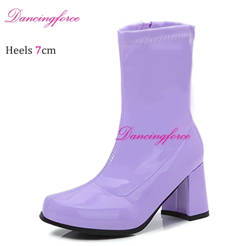 Sexy Gogo Boots 60s 70s Square Heel Ankle Classic Round Toe Boots Shiny Golden Zip Boots Unisex Party Dress Dance Shoes Woman