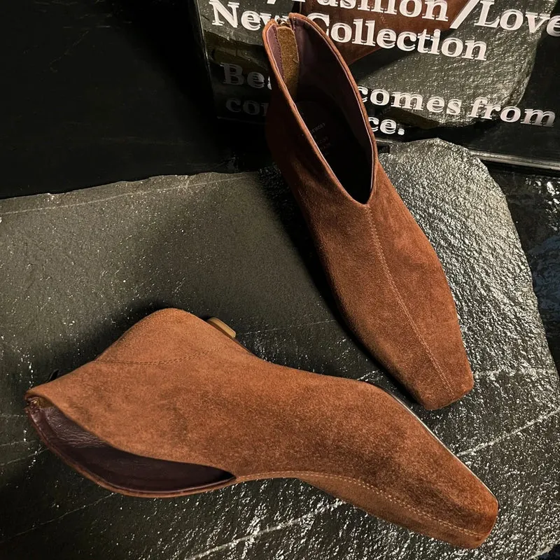 Women's natural suede leather pointed toe back zip kitten heel autumn ankle boots elegant ladies short booties shoes for woman