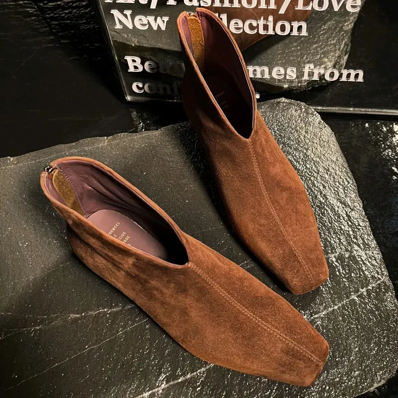 Women's natural suede leather pointed toe back zip kitten heel autumn ankle boots elegant ladies short booties shoes for woman