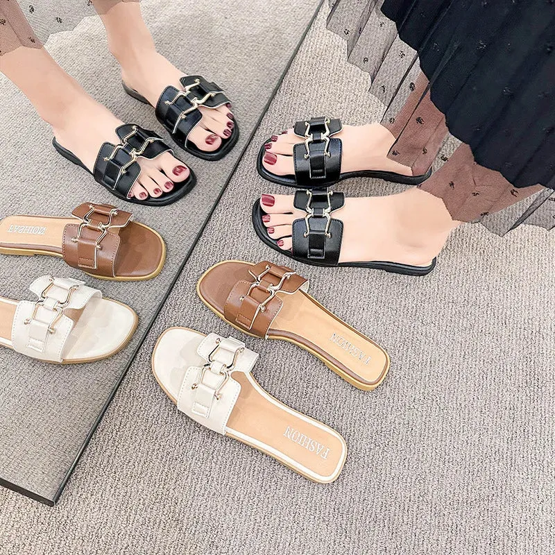 2024European and American Style Summer Fashion Out Flip-flops Flat Leisure Horse with Buckle Temperament One Line Slippers Woman