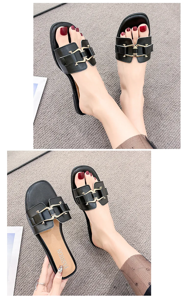 2024European and American Style Summer Fashion Out Flip-flops Flat Leisure Horse with Buckle Temperament One Line Slippers Woman