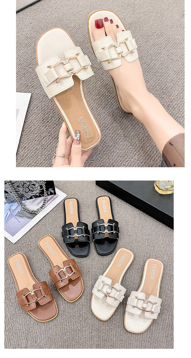 2024European and American Style Summer Fashion Out Flip-flops Flat Leisure Horse with Buckle Temperament One Line Slippers Woman