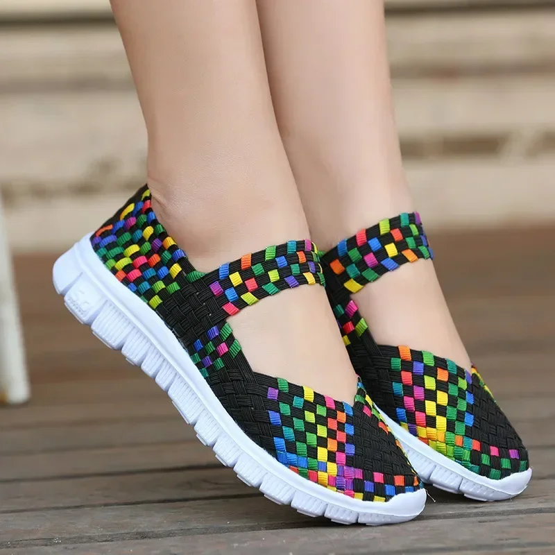 Plus Size Women Flat Shoes Fashion Elastic Band Weave Shoes Women Comfort Flat Shoes Women Casual Loafers Zapatos De Mujer