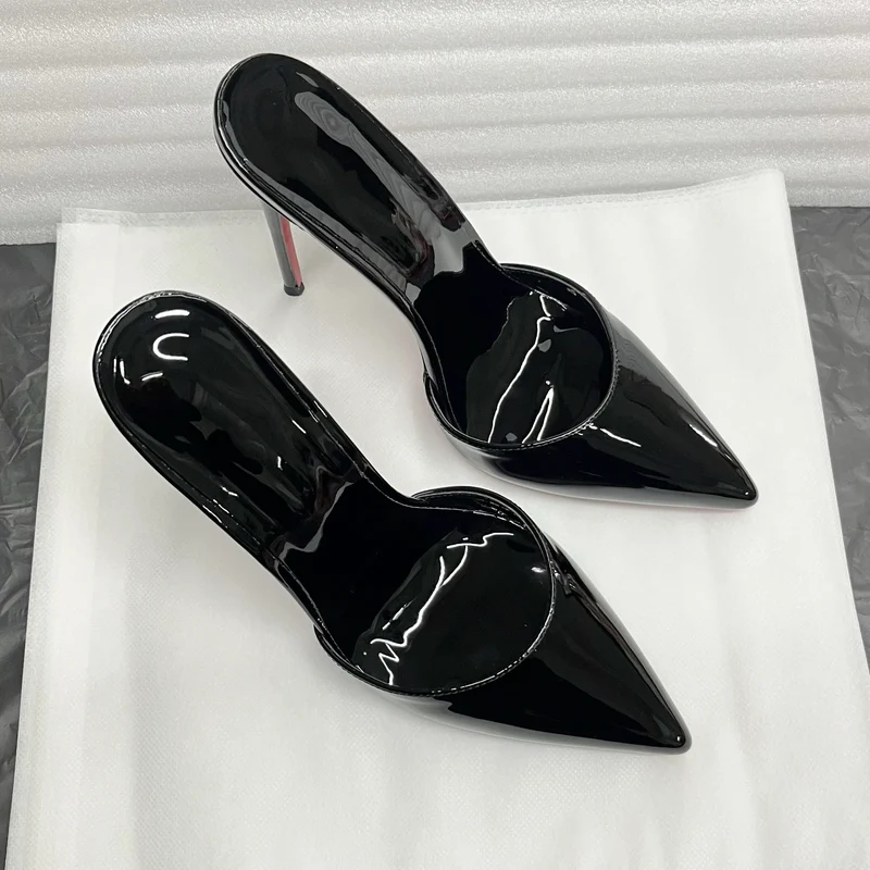 Summer black patent leather high heels with pointed toes shallow mouth thin heels slippers sexy versatile plus size lazy shoes