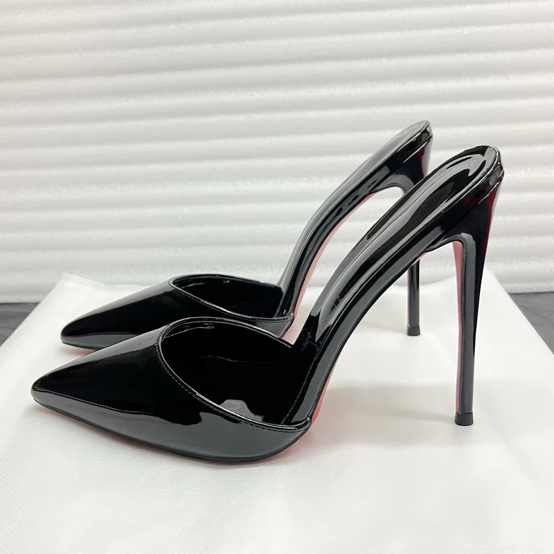 Summer black patent leather high heels with pointed toes shallow mouth thin heels slippers sexy versatile plus size lazy shoes