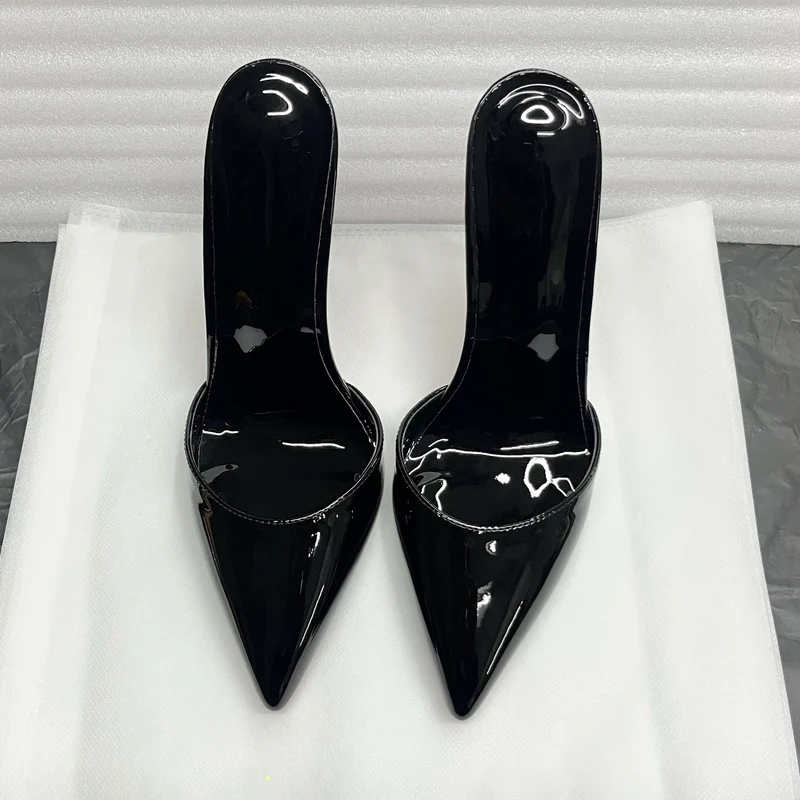 Summer black patent leather high heels with pointed toes shallow mouth thin heels slippers sexy versatile plus size lazy shoes