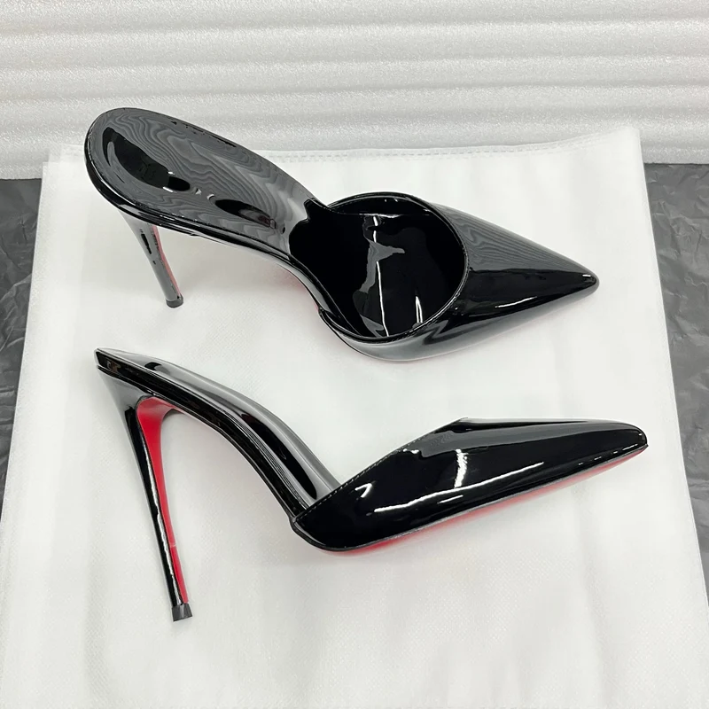Summer black patent leather high heels with pointed toes shallow mouth thin heels slippers sexy versatile plus size lazy shoes