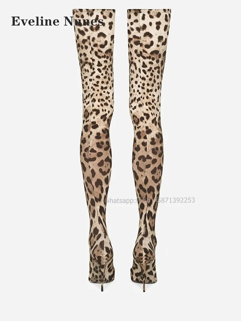 Leopard Satin Thigh High Boots Pointed Toe Thin Heels Mixed Colors Women Stretch Boots Pull On Sexy Spicy Girl Booty Runway Show