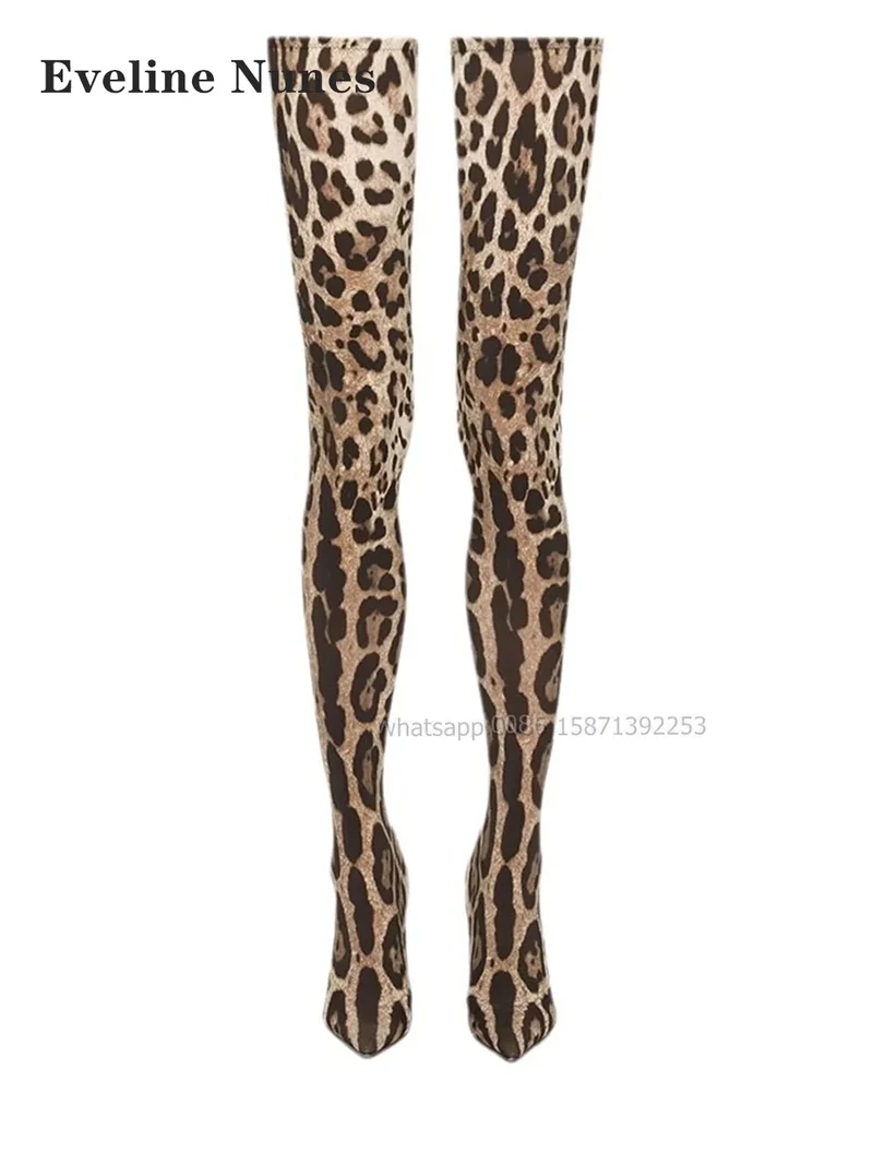 Leopard Satin Thigh High Boots Pointed Toe Thin Heels Mixed Colors Women Stretch Boots Pull On Sexy Spicy Girl Booty Runway Show
