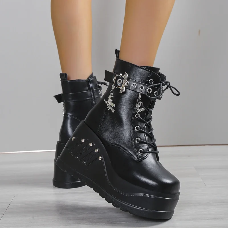 2024 New Boots for Women Fashion Hot Sale Punk Goth Platform Heels Wedge Women's Boots Casual Goth Punk Size 43 Women's Shoes