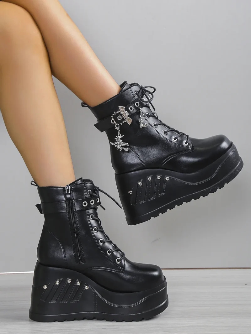 2024 New Boots for Women Fashion Hot Sale Punk Goth Platform Heels Wedge Women's Boots Casual Goth Punk Size 43 Women's Shoes