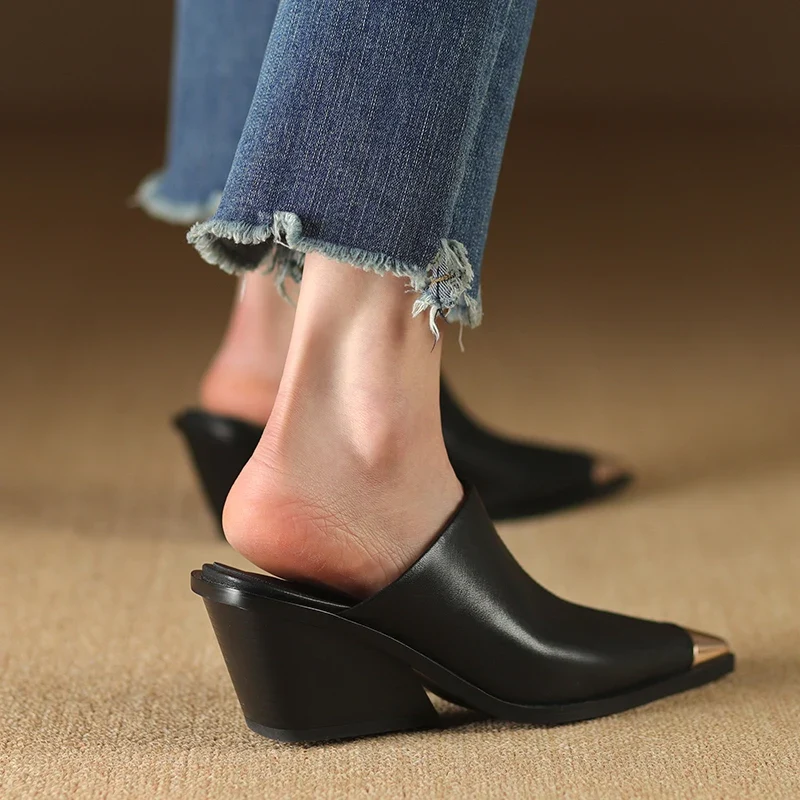 2025 New Ladies Genuine Leather Metal Head Mules Fashion Med Chunky Heels Summer Wedges Slippers Women Casual Office Shoes Woman