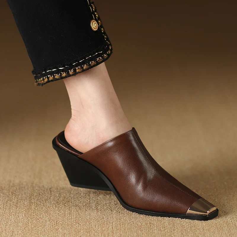 2025 New Ladies Genuine Leather Metal Head Mules Fashion Med Chunky Heels Summer Wedges Slippers Women Casual Office Shoes Woman