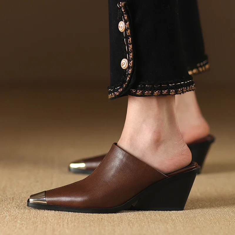 2025 New Ladies Genuine Leather Metal Head Mules Fashion Med Chunky Heels Summer Wedges Slippers Women Casual Office Shoes Woman