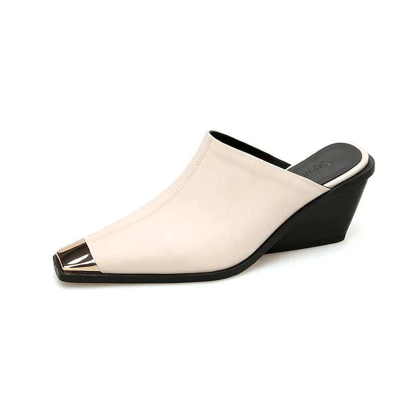 2025 New Ladies Genuine Leather Metal Head Mules Fashion Med Chunky Heels Summer Wedges Slippers Women Casual Office Shoes Woman