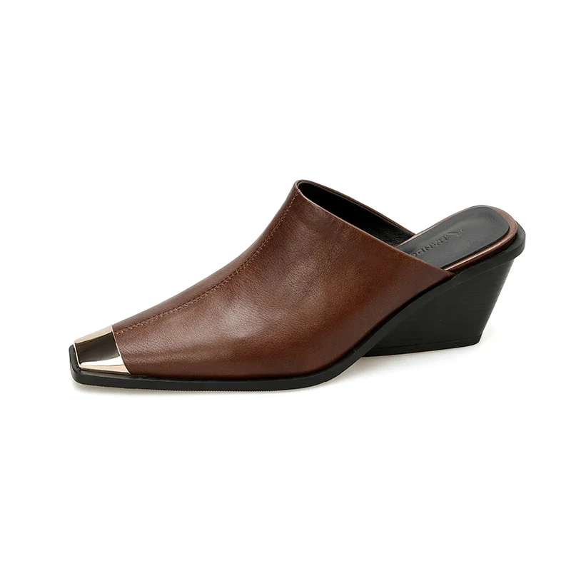 2025 New Ladies Genuine Leather Metal Head Mules Fashion Med Chunky Heels Summer Wedges Slippers Women Casual Office Shoes Woman