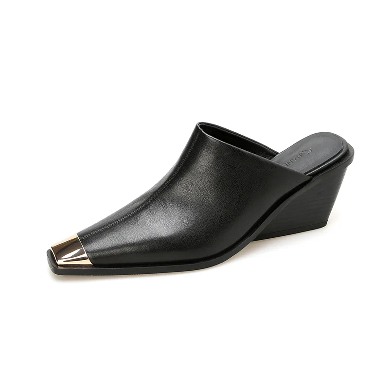 2025 New Ladies Genuine Leather Metal Head Mules Fashion Med Chunky Heels Summer Wedges Slippers Women Casual Office Shoes Woman