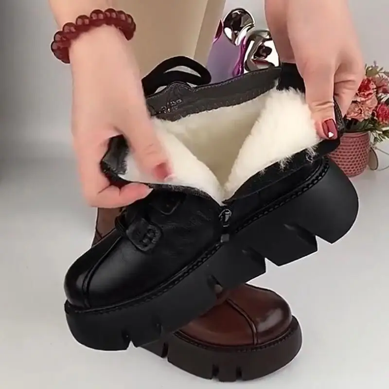 Womens Snow Boots 2025 Winter New Platform Cotton Shoe Retro Black/Brown Round Toe Lace-up Zipper Modern Motorcycle Boot