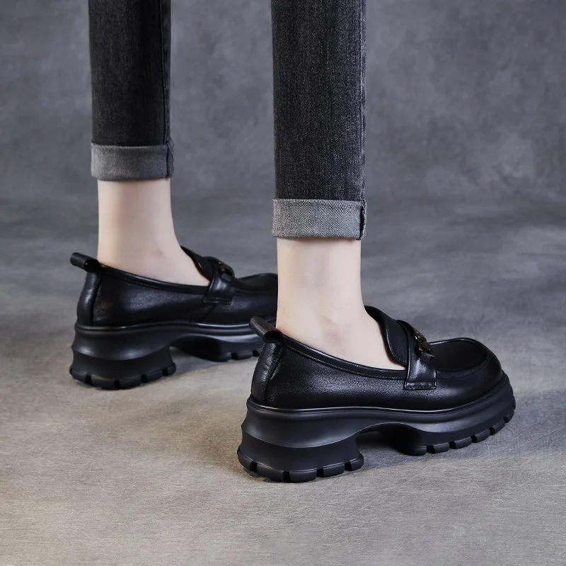 DRKANOL Women Genuine Leather Loafers 2026 Spring Autumn Thick High Heel Chunky Platform Handmade Retro Metal Trend Casual Shoes