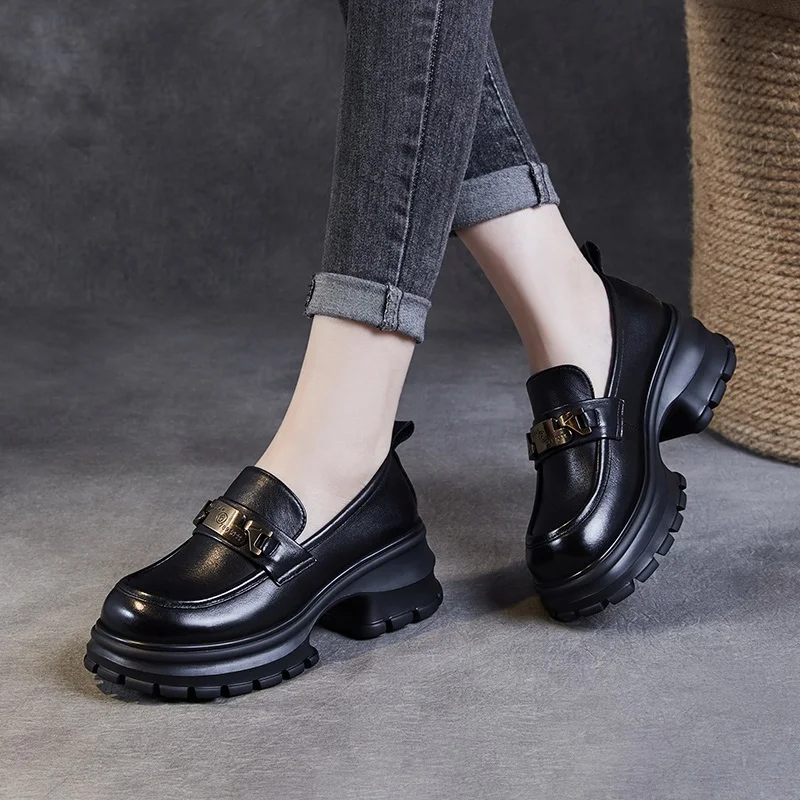 DRKANOL Women Genuine Leather Loafers 2026 Spring Autumn Thick High Heel Chunky Platform Handmade Retro Metal Trend Casual Shoes