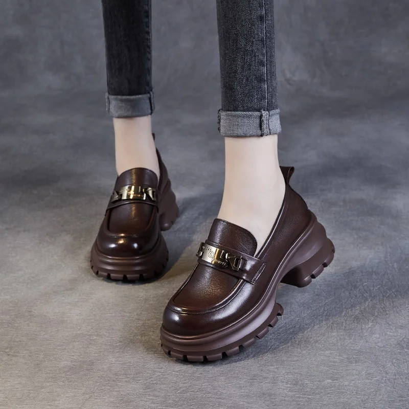 DRKANOL Women Genuine Leather Loafers 2026 Spring Autumn Thick High Heel Chunky Platform Handmade Retro Metal Trend Casual Shoes