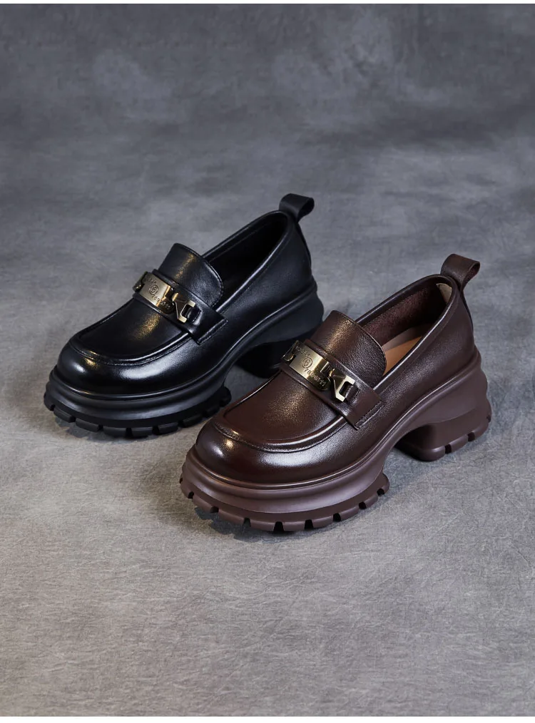 DRKANOL Women Genuine Leather Loafers 2026 Spring Autumn Thick High Heel Chunky Platform Handmade Retro Metal Trend Casual Shoes