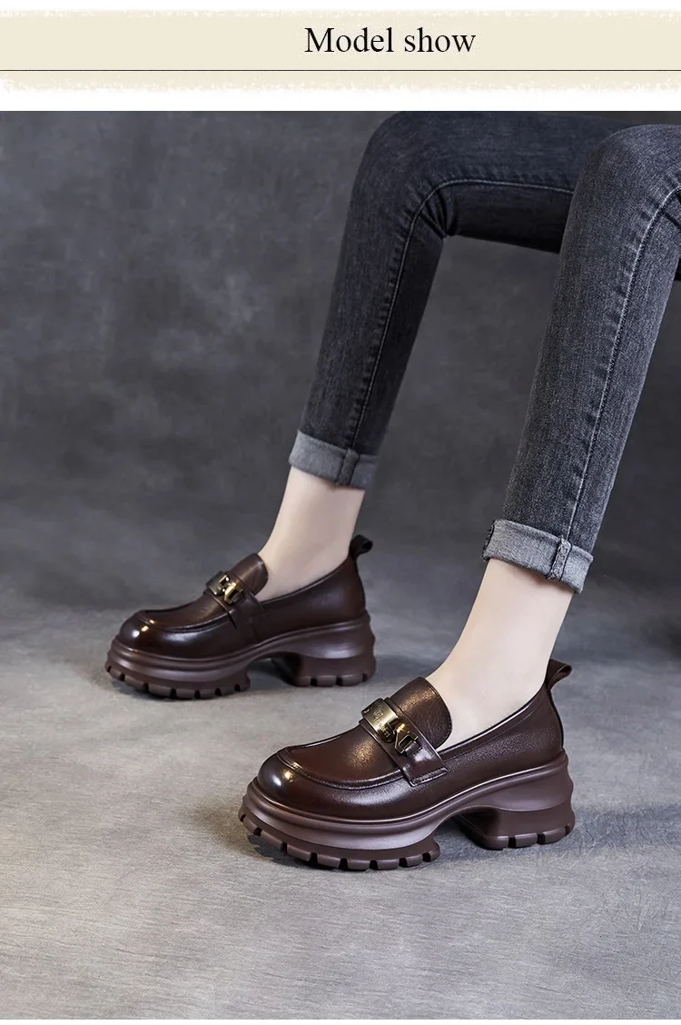 DRKANOL Women Genuine Leather Loafers 2026 Spring Autumn Thick High Heel Chunky Platform Handmade Retro Metal Trend Casual Shoes