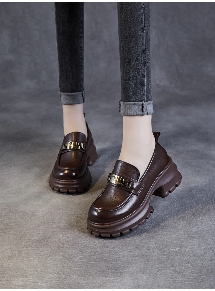 DRKANOL Women Genuine Leather Loafers 2026 Spring Autumn Thick High Heel Chunky Platform Handmade Retro Metal Trend Casual Shoes
