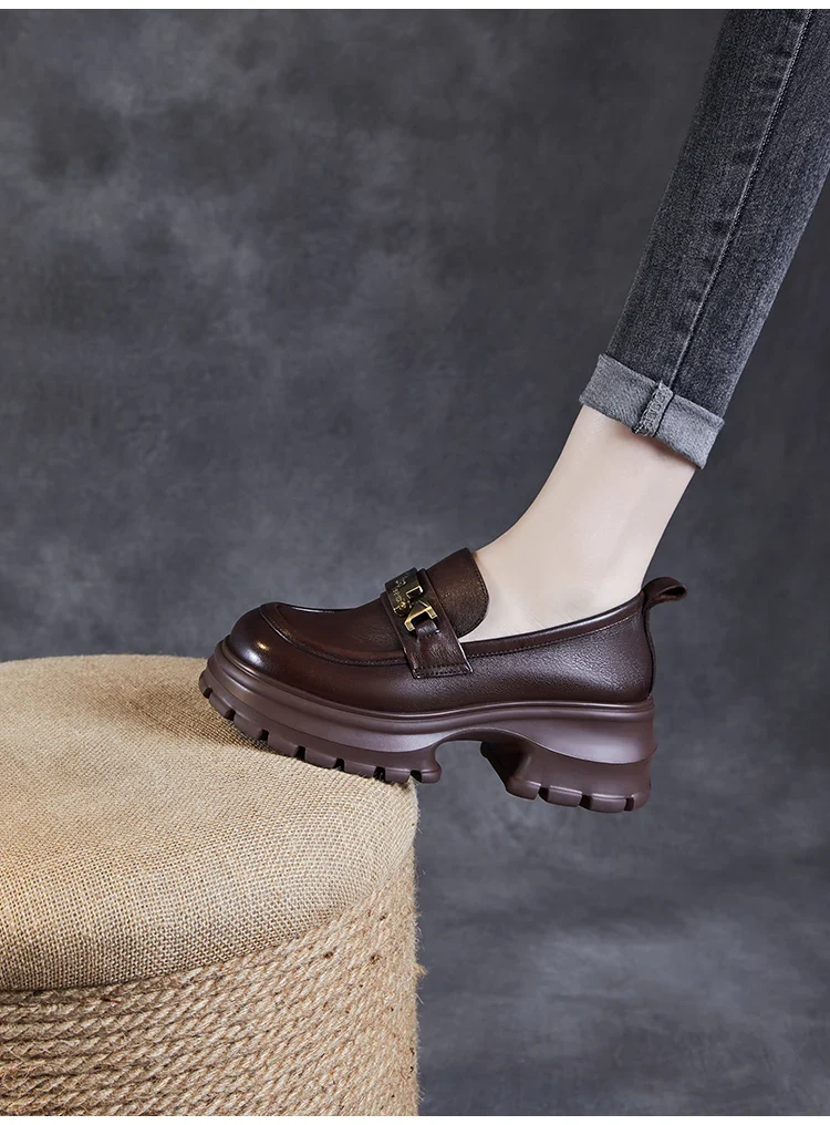 DRKANOL Women Genuine Leather Loafers 2026 Spring Autumn Thick High Heel Chunky Platform Handmade Retro Metal Trend Casual Shoes