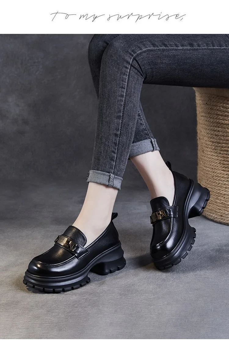 DRKANOL Women Genuine Leather Loafers 2026 Spring Autumn Thick High Heel Chunky Platform Handmade Retro Metal Trend Casual Shoes