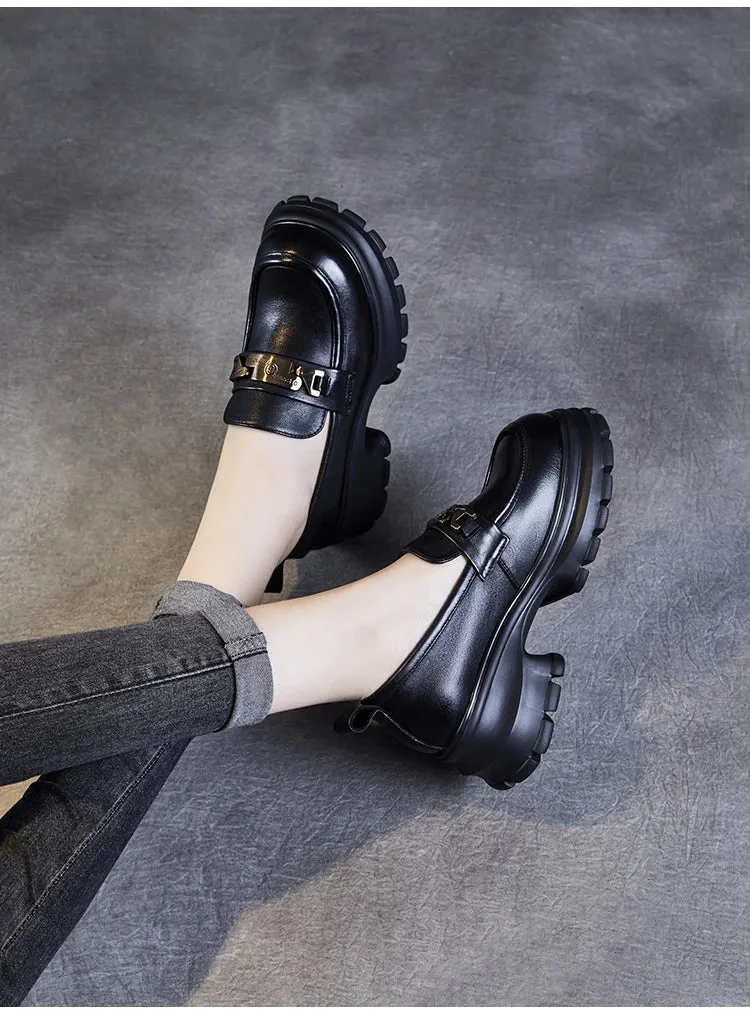 DRKANOL Women Genuine Leather Loafers 2026 Spring Autumn Thick High Heel Chunky Platform Handmade Retro Metal Trend Casual Shoes