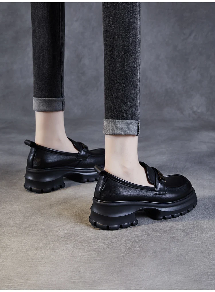 DRKANOL Women Genuine Leather Loafers 2026 Spring Autumn Thick High Heel Chunky Platform Handmade Retro Metal Trend Casual Shoes